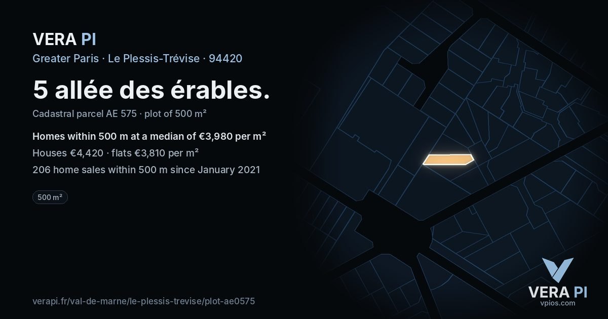 5 allée des érables, Le Plessis-Trévise at night – the plot lit, the parcels around coloured by the prices near them