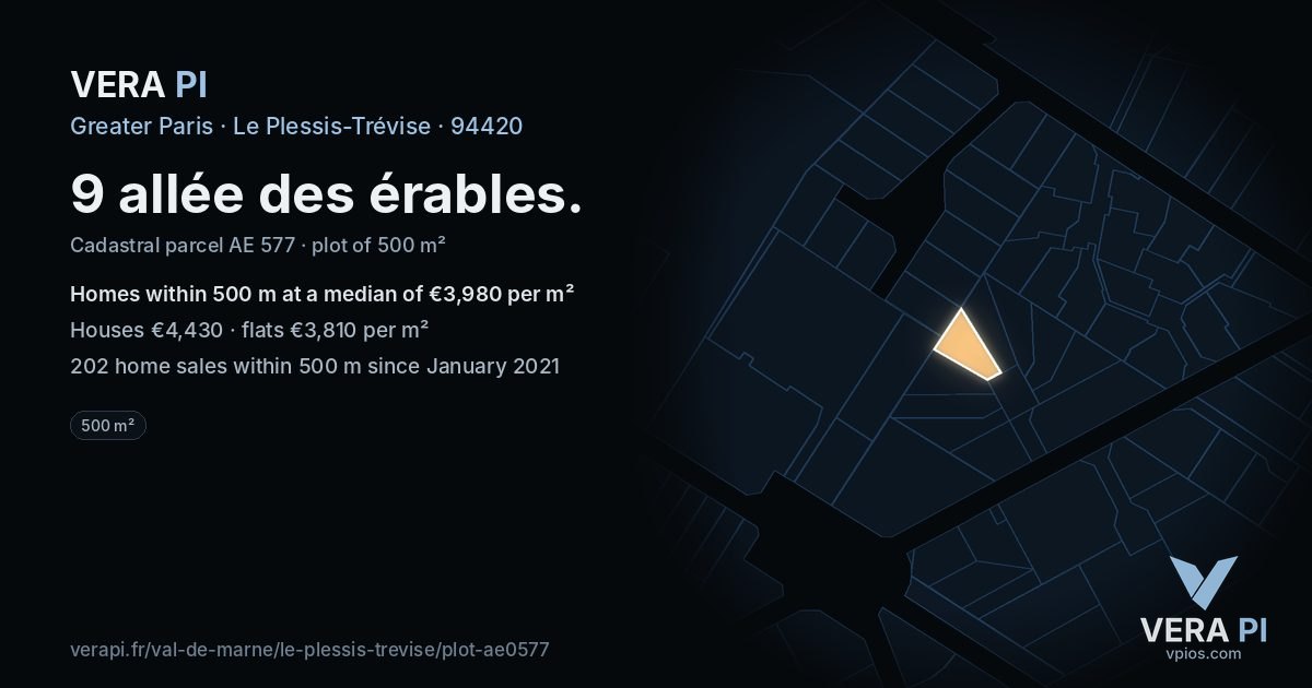 9 allée des érables, Le Plessis-Trévise at night – the plot lit, the parcels around coloured by the prices near them