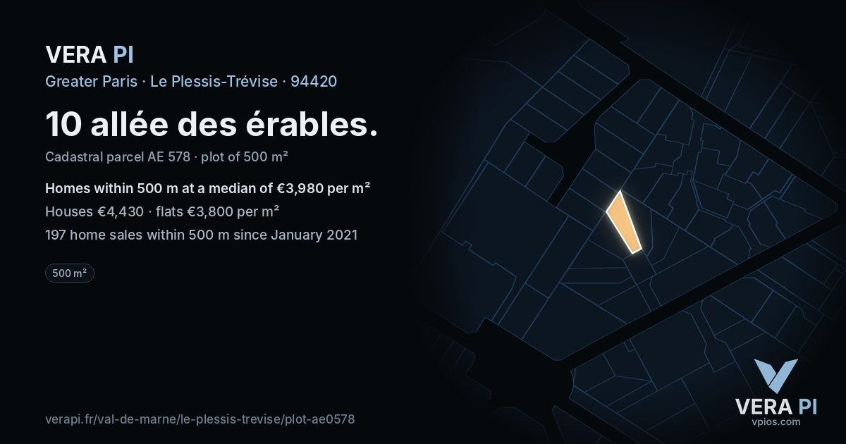 10 allée des érables, Le Plessis-Trévise at night – the plot lit, the parcels around coloured by the prices near them