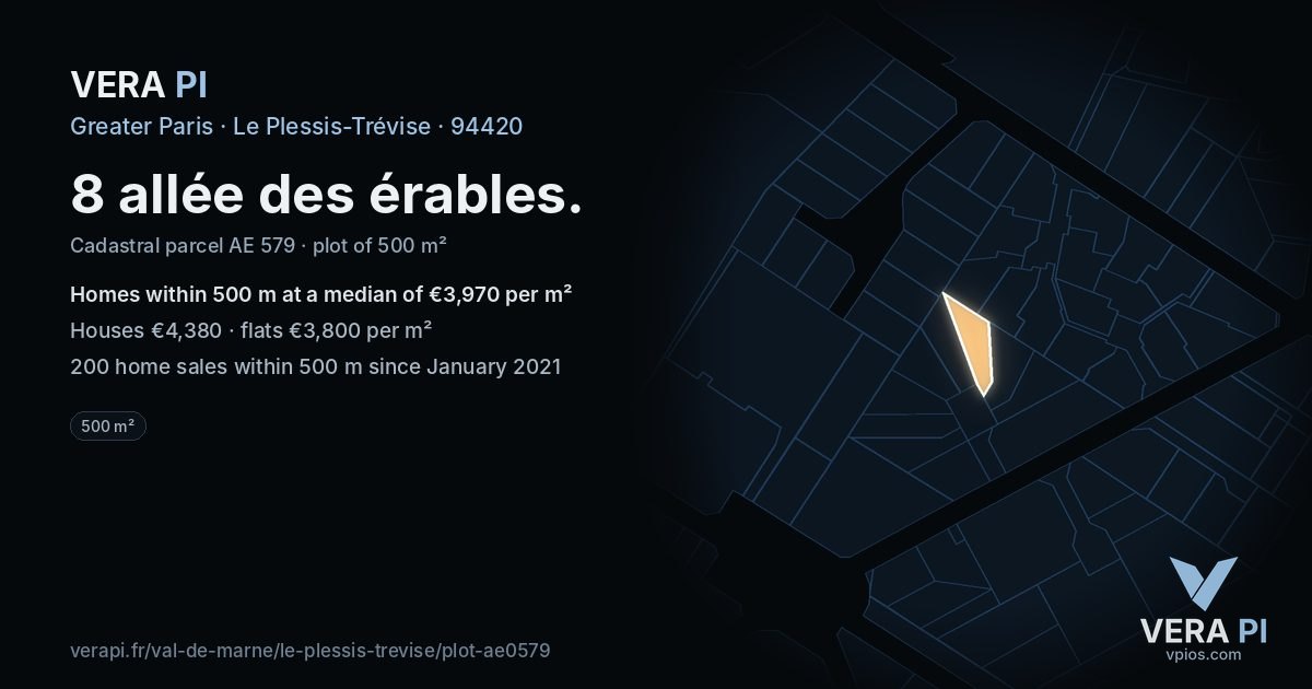 8 allée des érables, Le Plessis-Trévise at night – the plot lit, the parcels around coloured by the prices near them