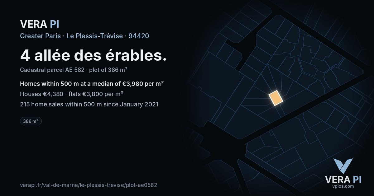 4 allée des érables, Le Plessis-Trévise at night – the plot lit, the parcels around coloured by the prices near them