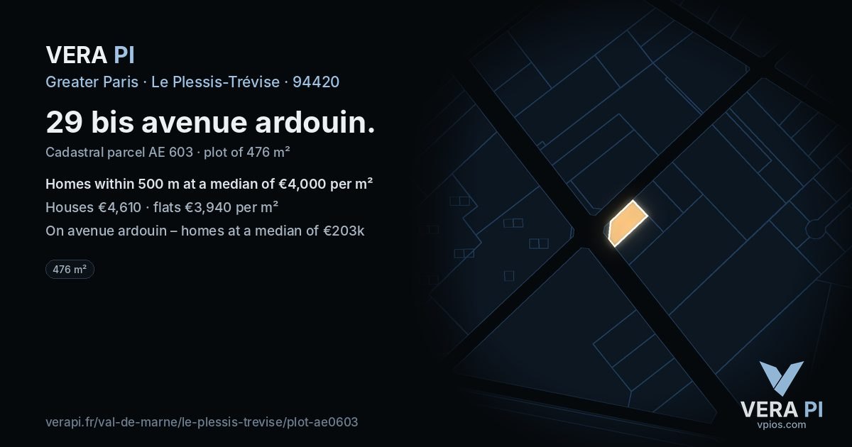 29 bis avenue ardouin, Le Plessis-Trévise at night – the plot lit, the parcels around coloured by the prices near them