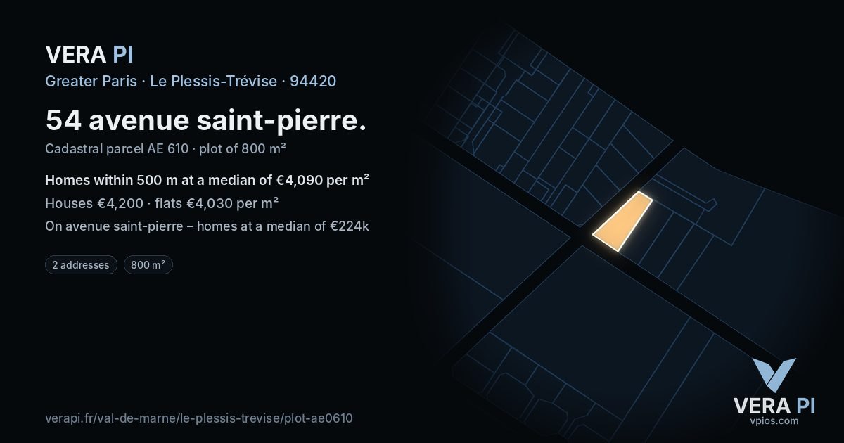 54 avenue saint-pierre, Le Plessis-Trévise at night – the plot lit, the parcels around coloured by the prices near them