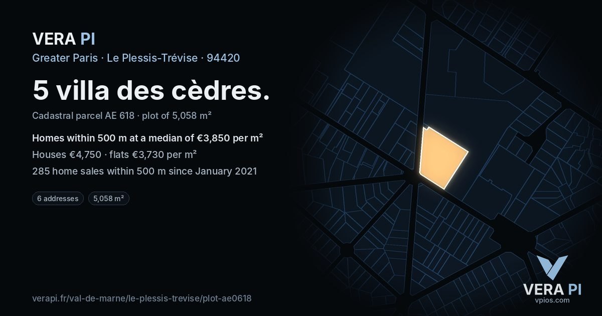 5 villa des cèdres, Le Plessis-Trévise at night – the plot lit, the parcels around coloured by the prices near them