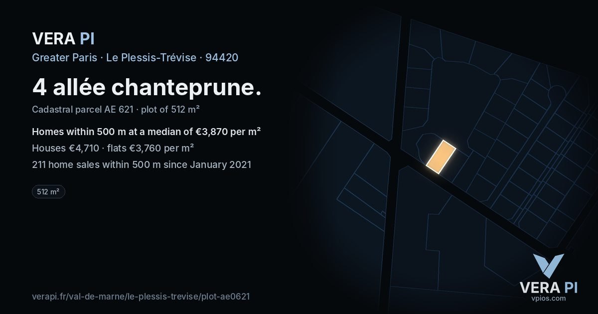 4 allée chanteprune, Le Plessis-Trévise at night – the plot lit, the parcels around coloured by the prices near them