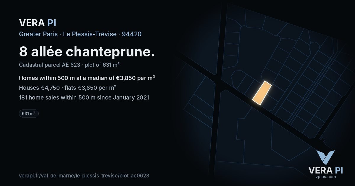 8 allée chanteprune, Le Plessis-Trévise at night – the plot lit, the parcels around coloured by the prices near them