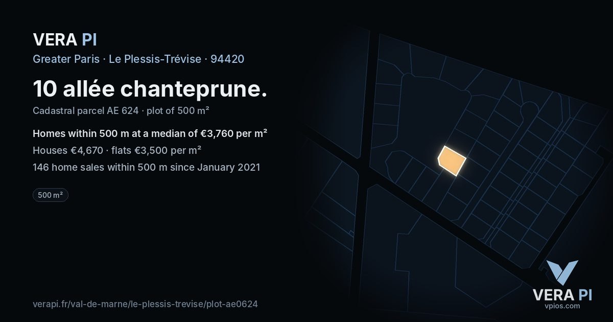 10 allée chanteprune, Le Plessis-Trévise at night – the plot lit, the parcels around coloured by the prices near them