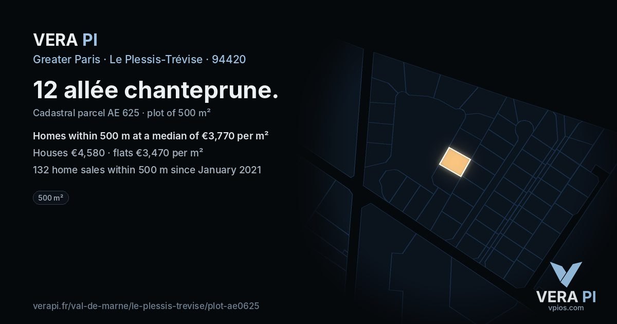 12 allée chanteprune, Le Plessis-Trévise at night – the plot lit, the parcels around coloured by the prices near them