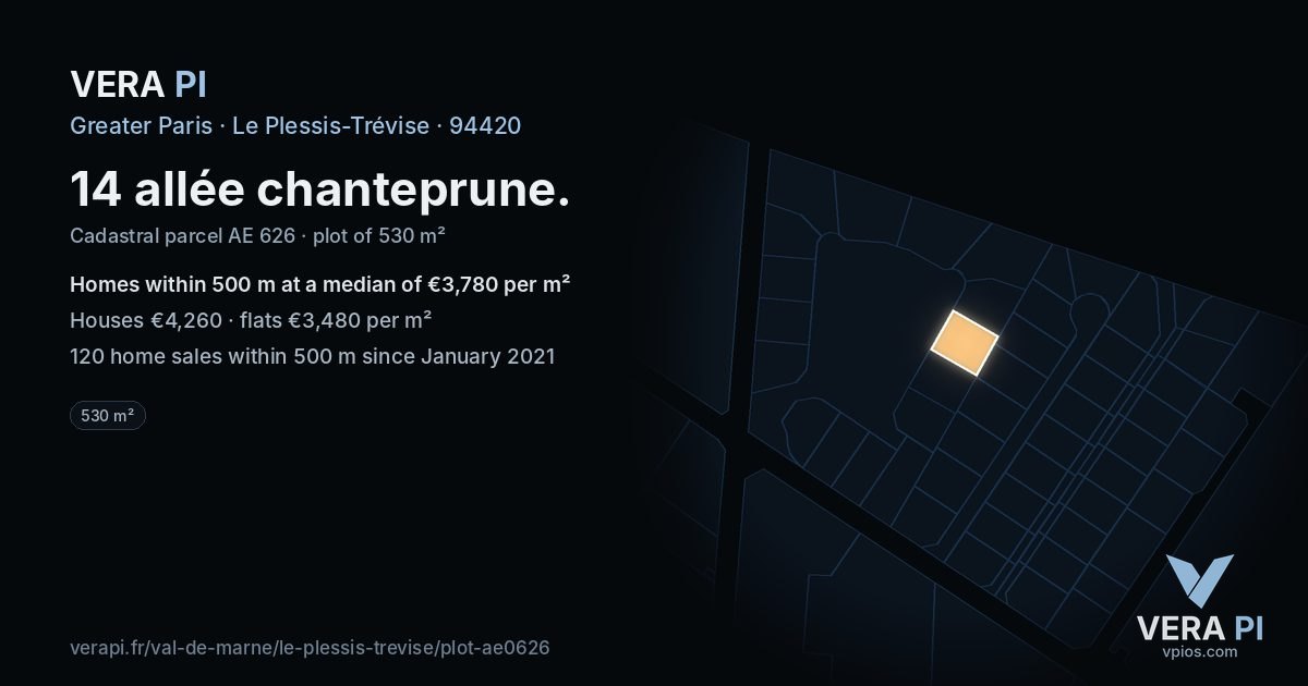 14 allée chanteprune, Le Plessis-Trévise at night – the plot lit, the parcels around coloured by the prices near them