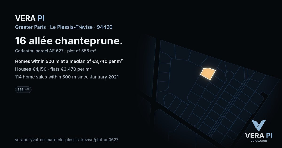 16 allée chanteprune, Le Plessis-Trévise at night – the plot lit, the parcels around coloured by the prices near them