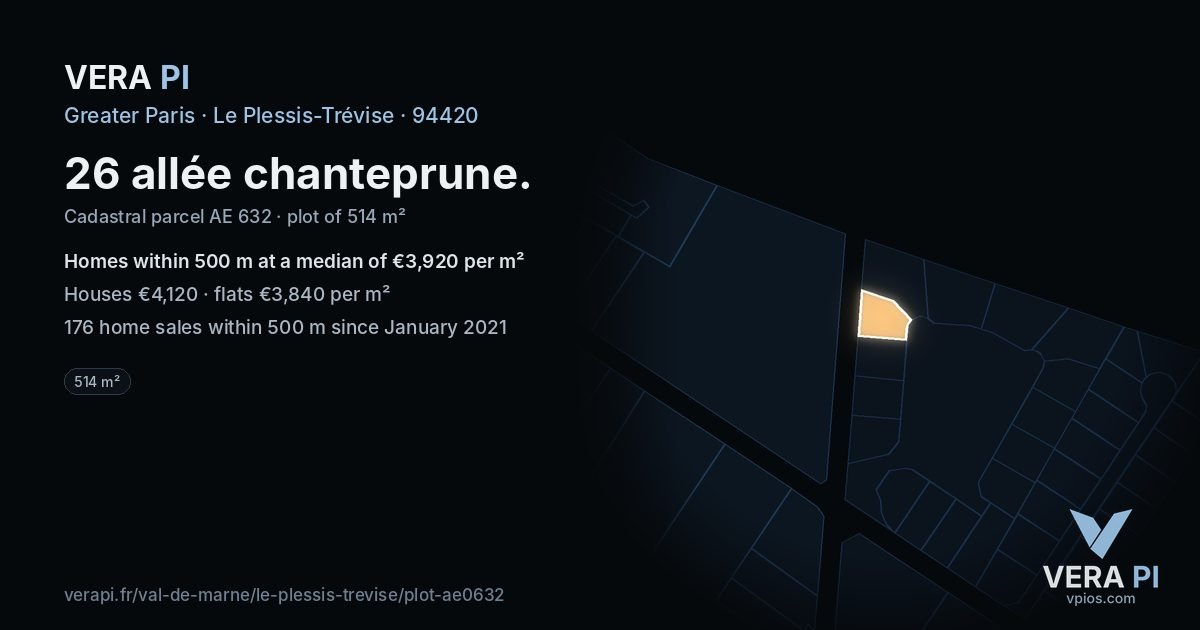 26 allée chanteprune, Le Plessis-Trévise at night – the plot lit, the parcels around coloured by the prices near them