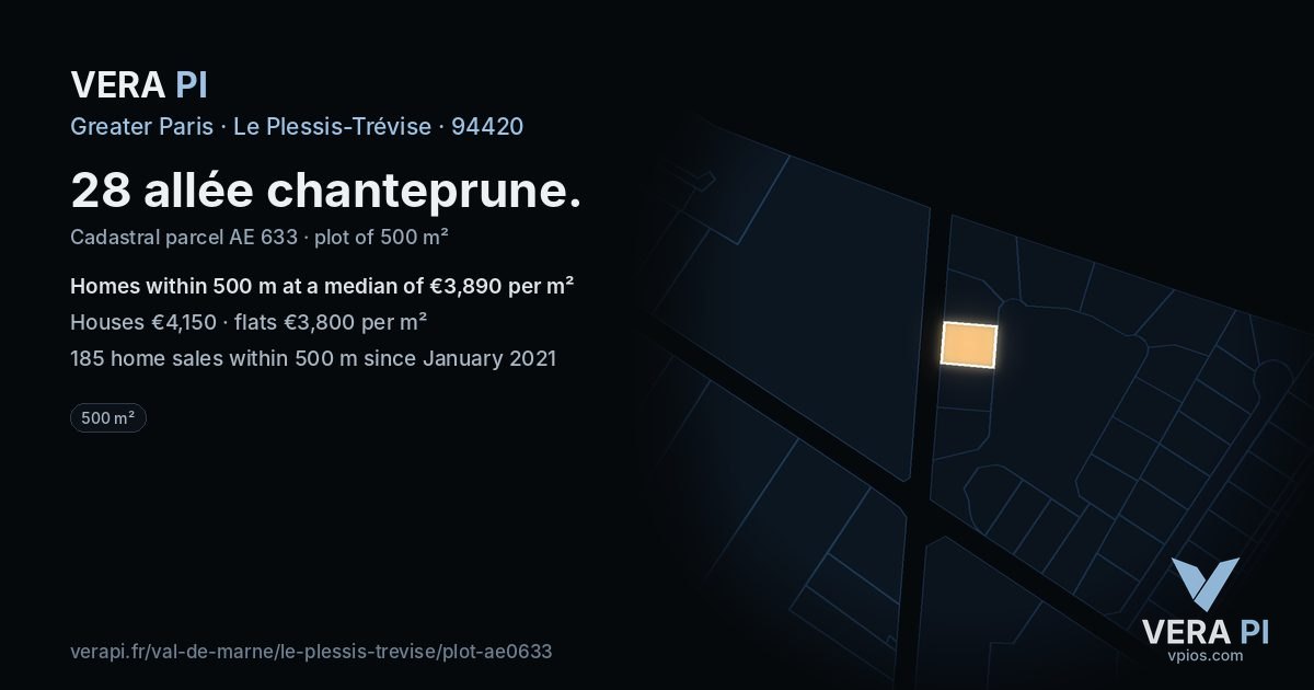 28 allée chanteprune, Le Plessis-Trévise at night – the plot lit, the parcels around coloured by the prices near them