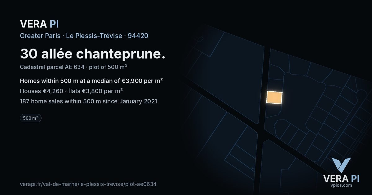 30 allée chanteprune, Le Plessis-Trévise at night – the plot lit, the parcels around coloured by the prices near them