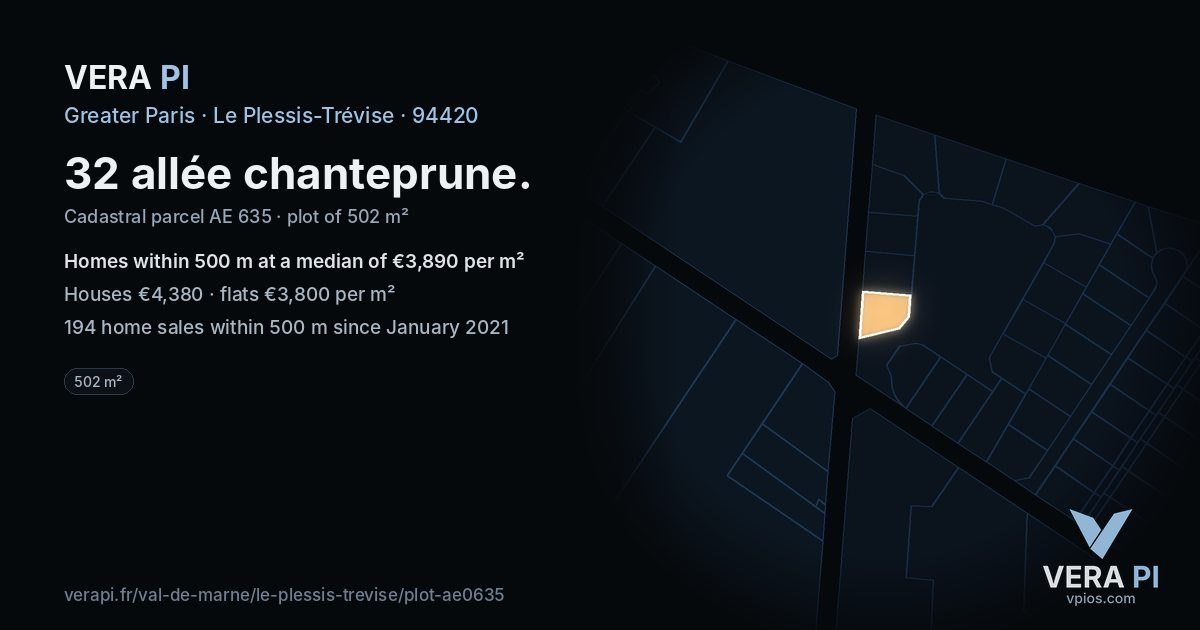 32 allée chanteprune, Le Plessis-Trévise at night – the plot lit, the parcels around coloured by the prices near them