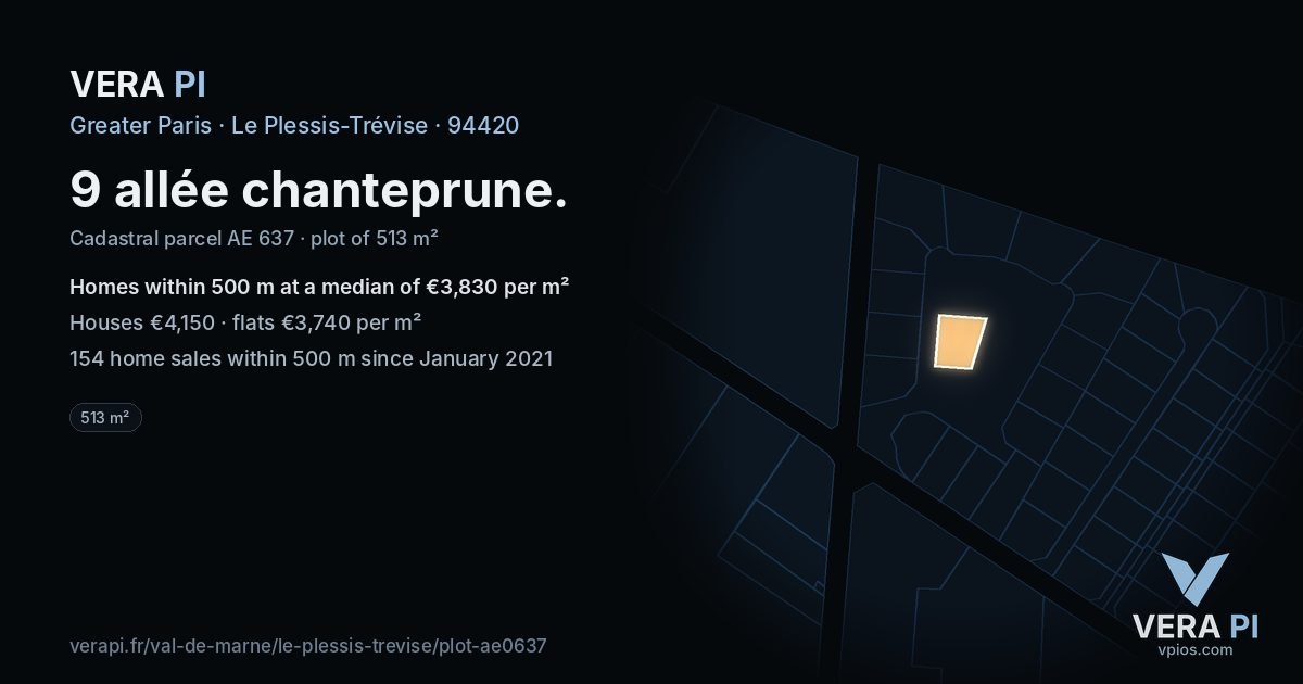 9 allée chanteprune, Le Plessis-Trévise at night – the plot lit, the parcels around coloured by the prices near them