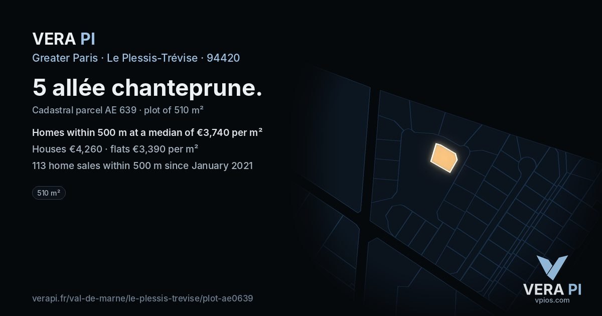 5 allée chanteprune, Le Plessis-Trévise at night – the plot lit, the parcels around coloured by the prices near them