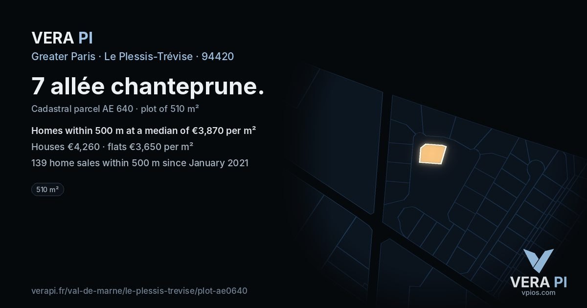 7 allée chanteprune, Le Plessis-Trévise at night – the plot lit, the parcels around coloured by the prices near them
