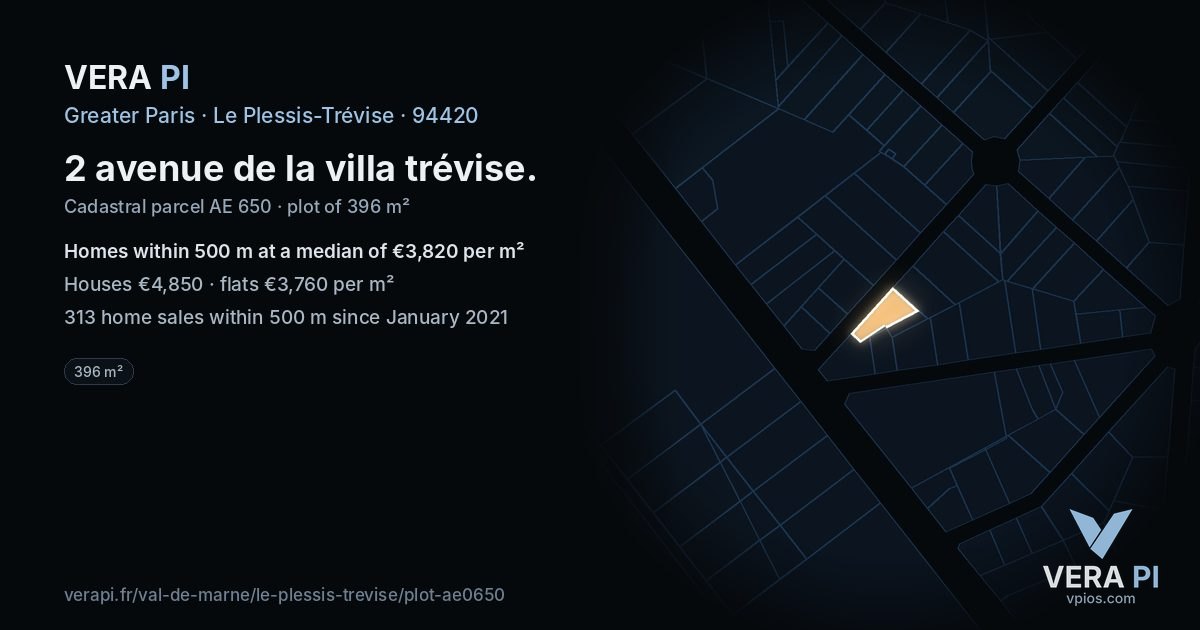 2 avenue de la villa trévise, Le Plessis-Trévise at night – the plot lit, the parcels around coloured by the prices near them