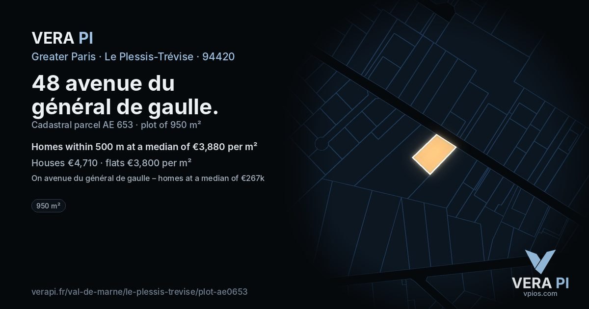 48 avenue du général de gaulle, Le Plessis-Trévise at night – the plot lit, the parcels around coloured by the prices near them