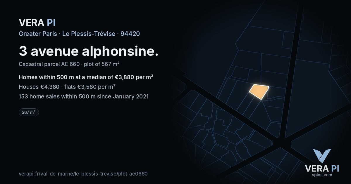 3 avenue alphonsine, Le Plessis-Trévise at night – the plot lit, the parcels around coloured by the prices near them
