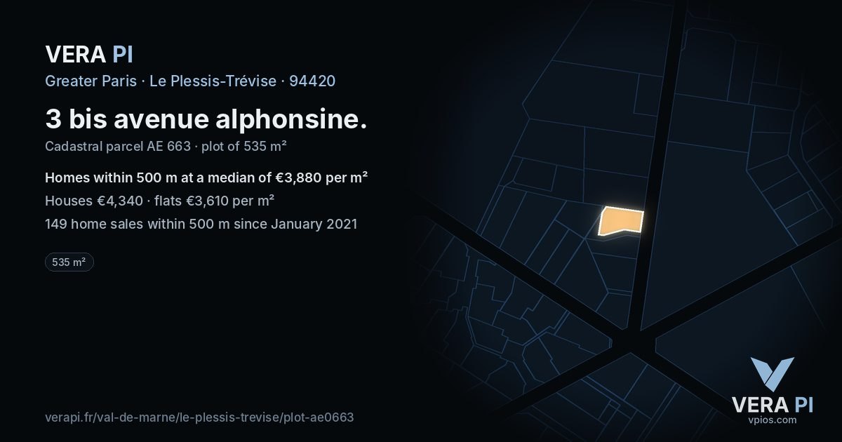 3 bis avenue alphonsine, Le Plessis-Trévise at night – the plot lit, the parcels around coloured by the prices near them
