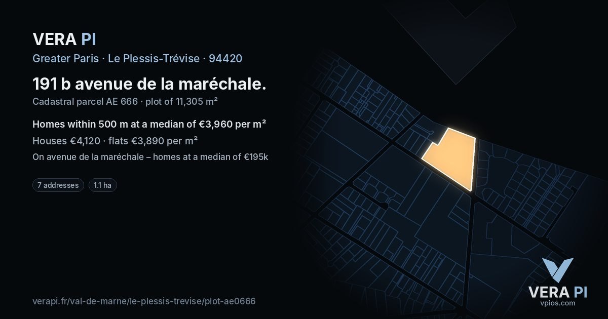 191 b avenue de la maréchale, Le Plessis-Trévise at night – the plot lit, the parcels around coloured by the prices near them