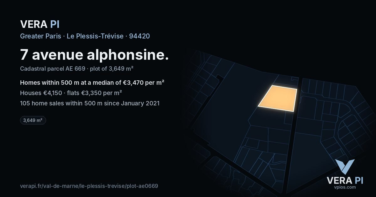7 avenue alphonsine, Le Plessis-Trévise at night – the plot lit, the parcels around coloured by the prices near them