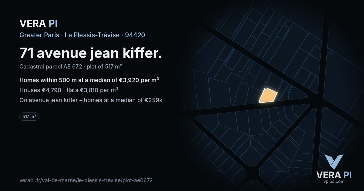 71 avenue jean kiffer, Le Plessis-Trévise at night – the plot lit, the parcels around coloured by the prices near them
