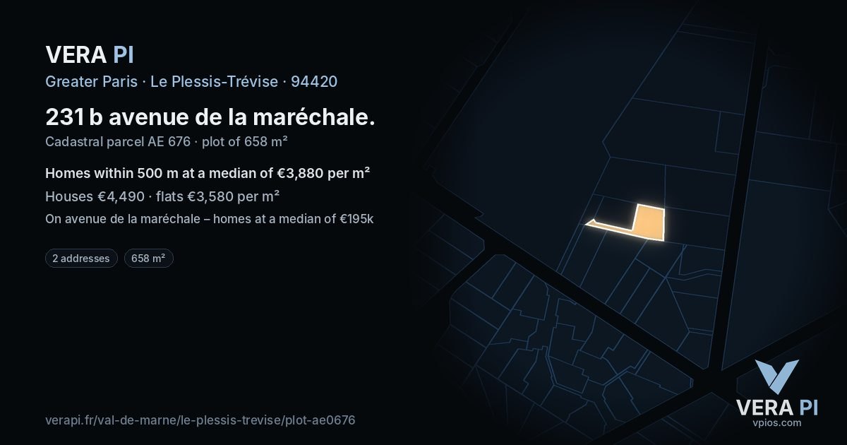 231 b avenue de la maréchale, Le Plessis-Trévise at night – the plot lit, the parcels around coloured by the prices near them