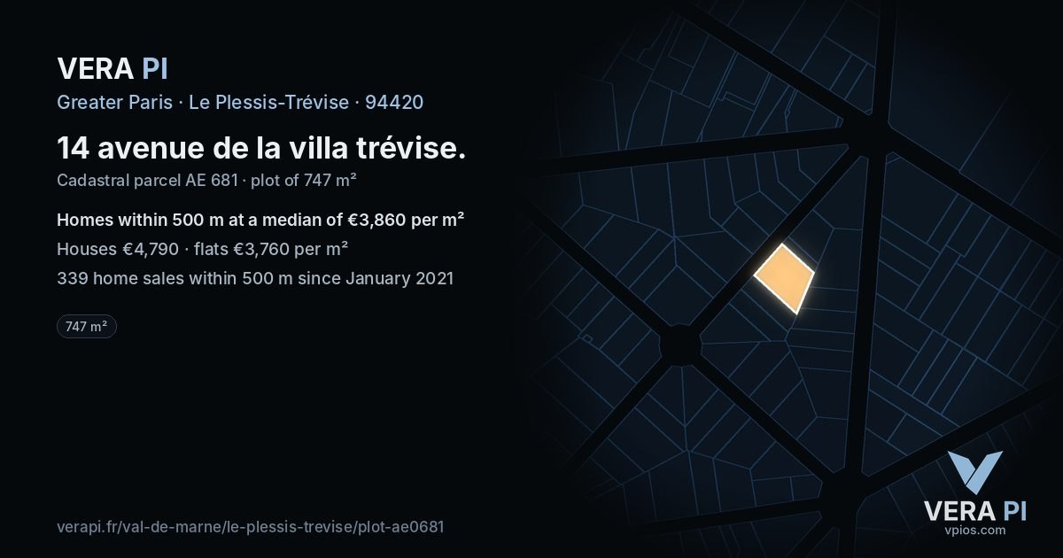 14 avenue de la villa trévise, Le Plessis-Trévise at night – the plot lit, the parcels around coloured by the prices near them