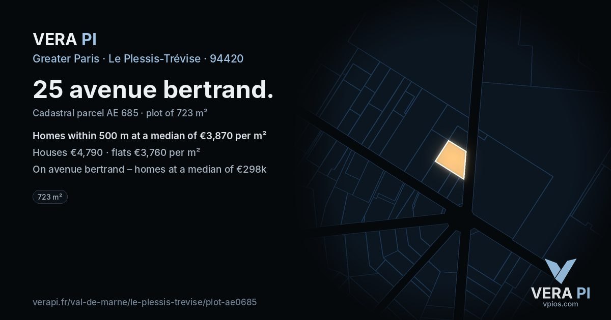 25 avenue bertrand, Le Plessis-Trévise at night – the plot lit, the parcels around coloured by the prices near them