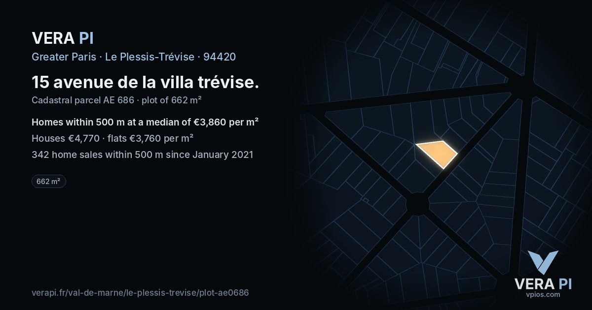 15 avenue de la villa trévise, Le Plessis-Trévise at night – the plot lit, the parcels around coloured by the prices near them