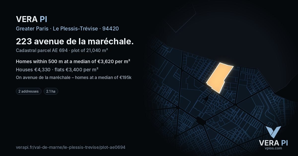 223 avenue de la maréchale, Le Plessis-Trévise at night – the plot lit, the parcels around coloured by the prices near them