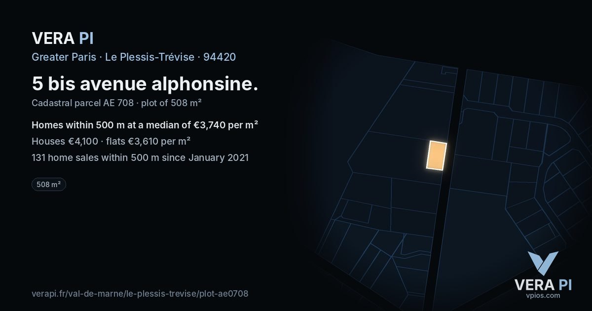 5 bis avenue alphonsine, Le Plessis-Trévise at night – the plot lit, the parcels around coloured by the prices near them