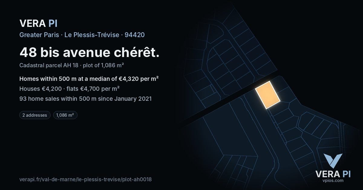 48 bis avenue chérêt, Le Plessis-Trévise at night – the plot lit, the parcels around coloured by the prices near them