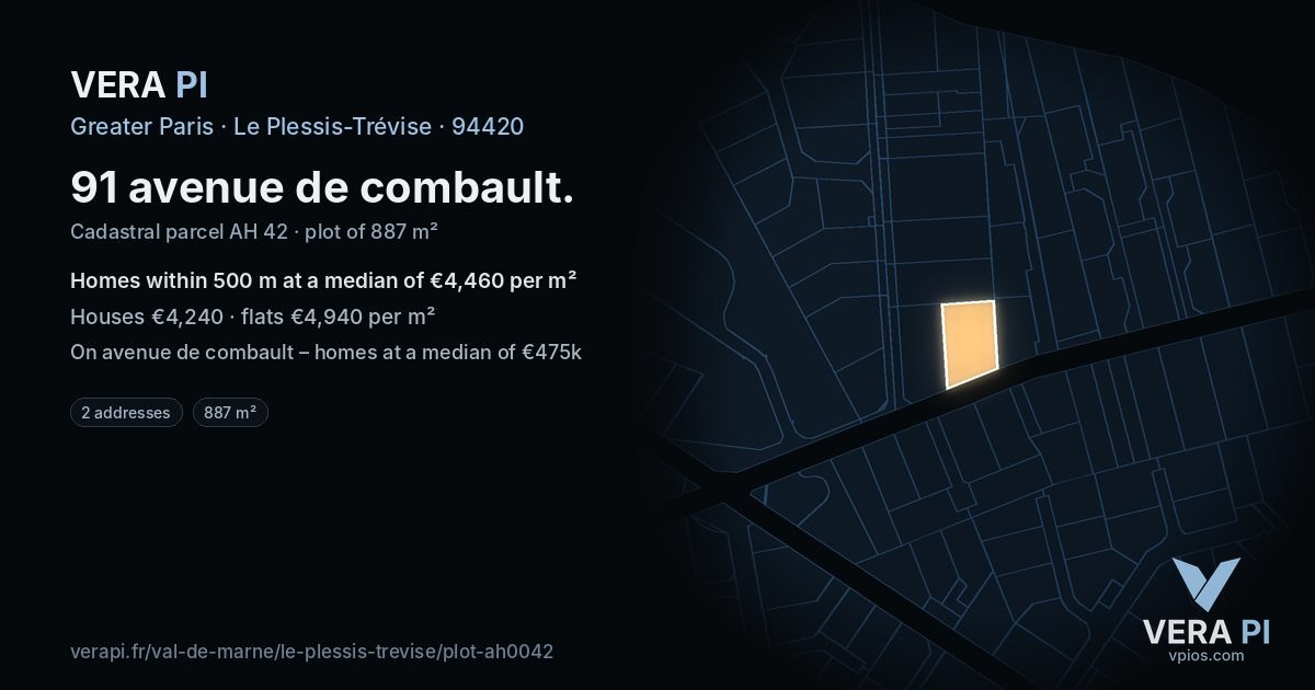 91 avenue de combault, Le Plessis-Trévise at night – the plot lit, the parcels around coloured by the prices near them