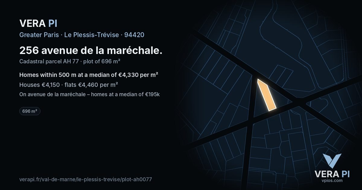 256 avenue de la maréchale, Le Plessis-Trévise at night – the plot lit, the parcels around coloured by the prices near them