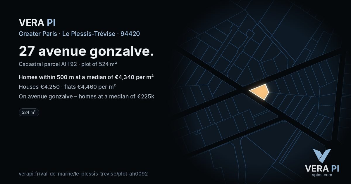 27 avenue gonzalve, Le Plessis-Trévise at night – the plot lit, the parcels around coloured by the prices near them