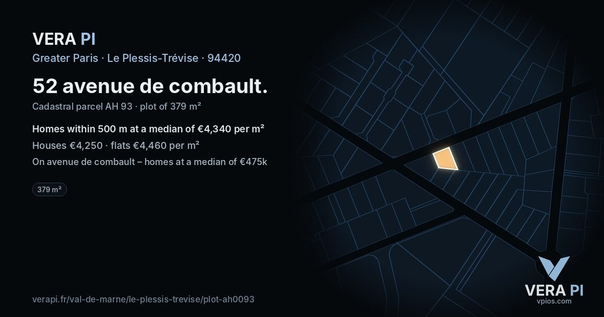 52 avenue de combault, Le Plessis-Trévise at night – the plot lit, the parcels around coloured by the prices near them