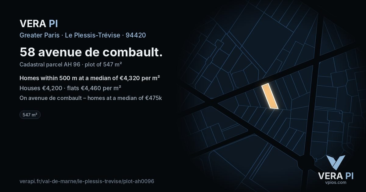 58 avenue de combault, Le Plessis-Trévise at night – the plot lit, the parcels around coloured by the prices near them