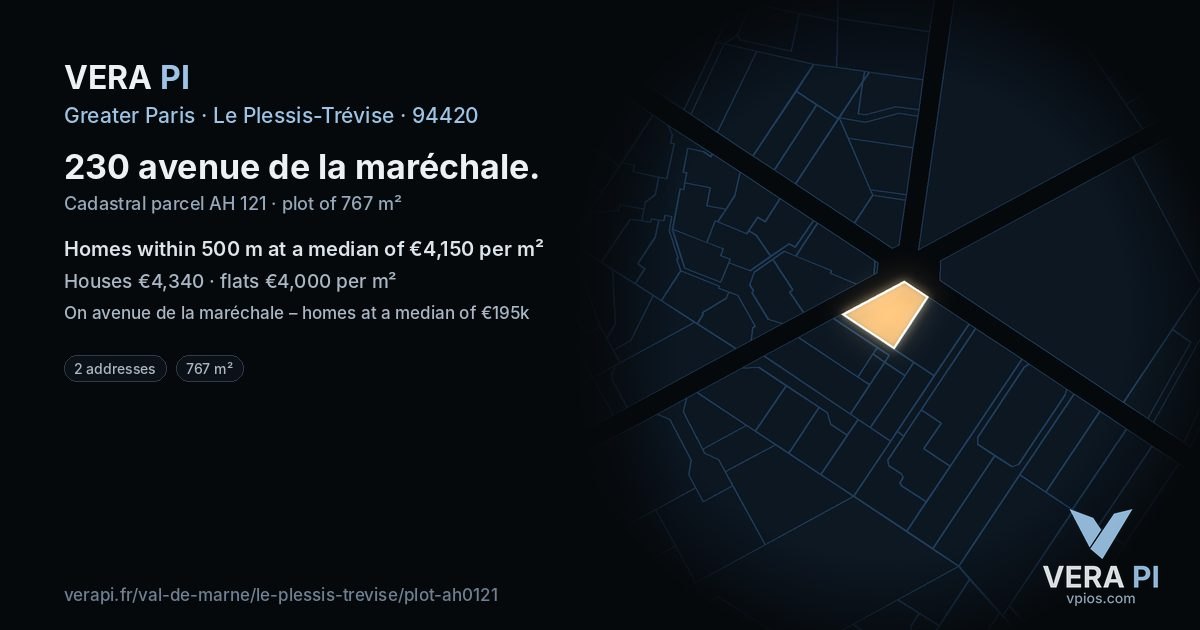 230 avenue de la maréchale, Le Plessis-Trévise at night – the plot lit, the parcels around coloured by the prices near them
