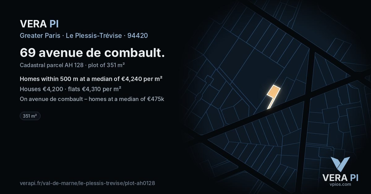 69 avenue de combault, Le Plessis-Trévise at night – the plot lit, the parcels around coloured by the prices near them