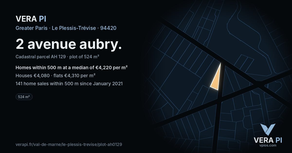 2 avenue aubry, Le Plessis-Trévise at night – the plot lit, the parcels around coloured by the prices near them