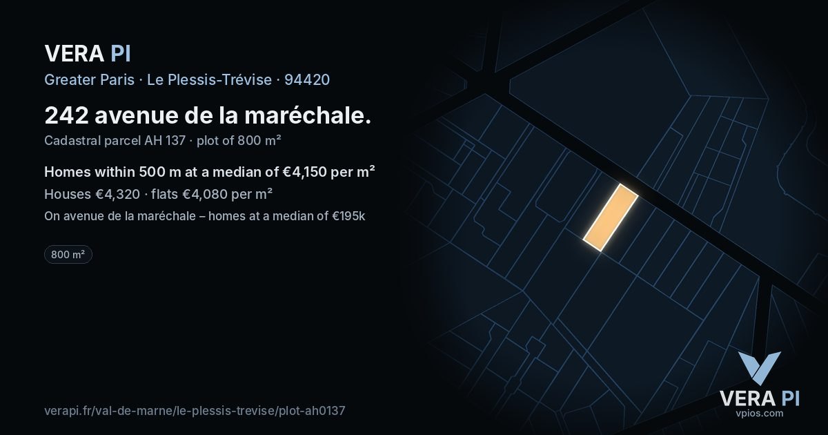 242 avenue de la maréchale, Le Plessis-Trévise at night – the plot lit, the parcels around coloured by the prices near them