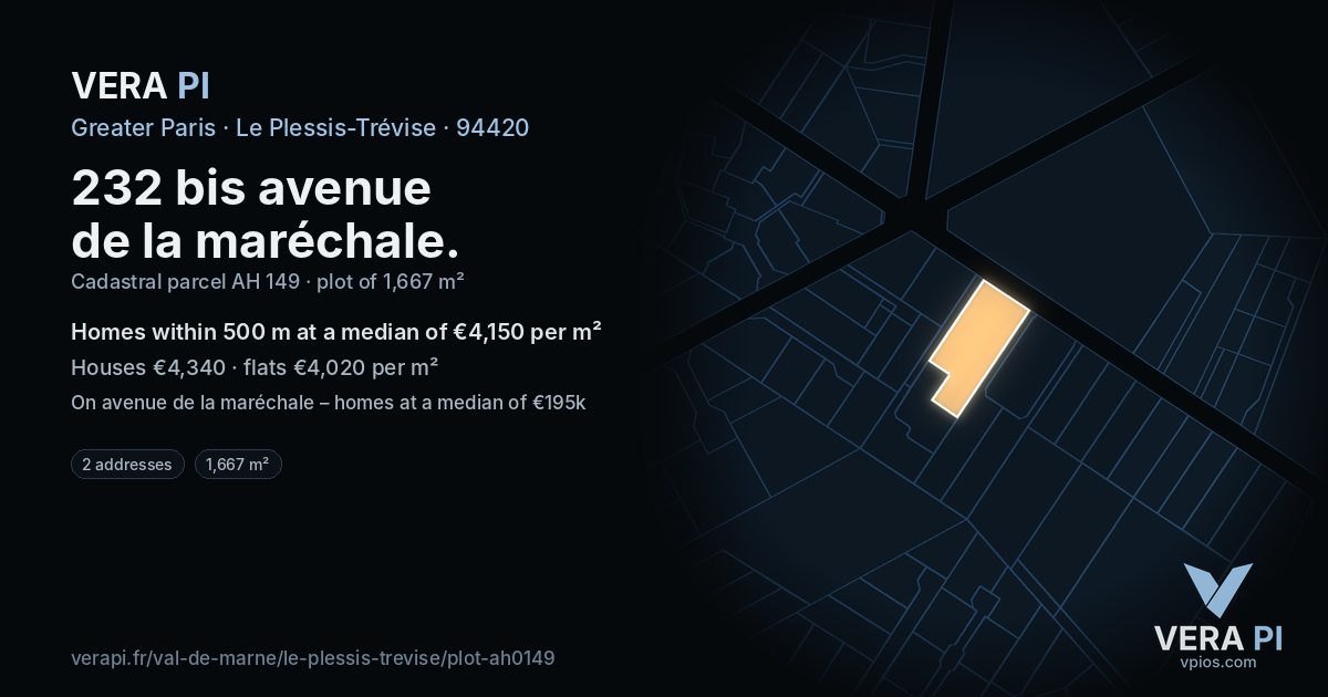 232 bis avenue de la maréchale, Le Plessis-Trévise at night – the plot lit, the parcels around coloured by the prices near them