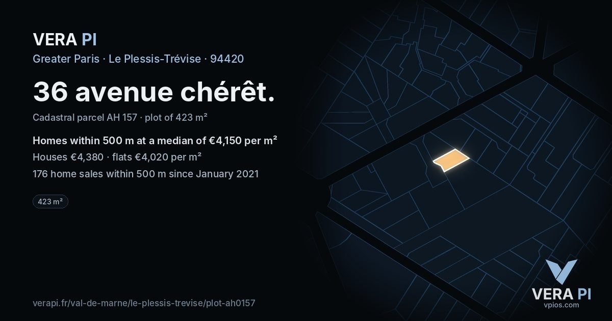36 avenue chérêt, Le Plessis-Trévise at night – the plot lit, the parcels around coloured by the prices near them