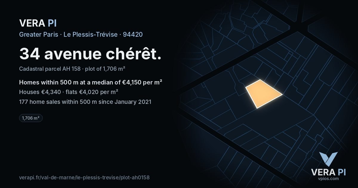 34 avenue chérêt, Le Plessis-Trévise at night – the plot lit, the parcels around coloured by the prices near them