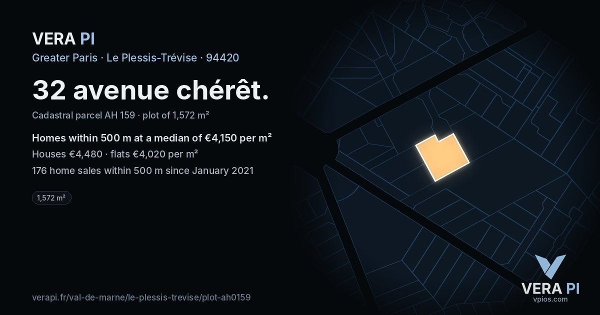 32 avenue chérêt, Le Plessis-Trévise at night – the plot lit, the parcels around coloured by the prices near them