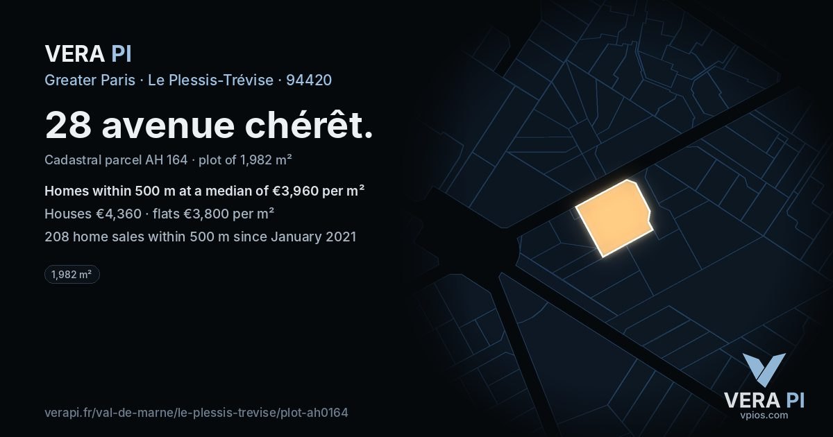 28 avenue chérêt, Le Plessis-Trévise at night – the plot lit, the parcels around coloured by the prices near them
