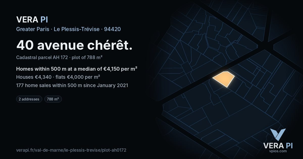 40 avenue chérêt, Le Plessis-Trévise at night – the plot lit, the parcels around coloured by the prices near them